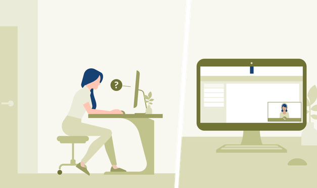 Illustratie van een persoon die achter een computer zit met een vraagteken, met daarnaast een beeldscherm waarop een medewerker via videobellen ondersteuning biedt binnen de MijnHerstel