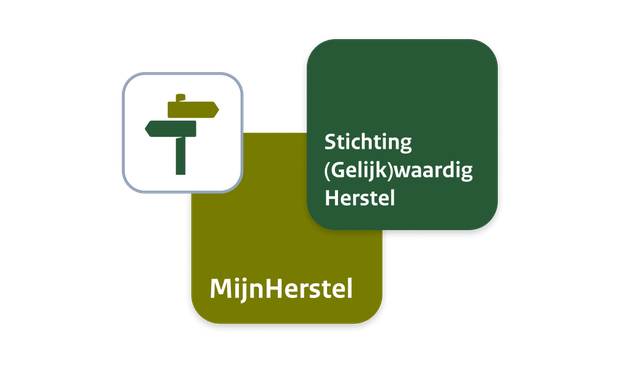 Logo’s van de routes MijnHerstel en Stichting (Gelijk)waardig Herstel, met een icoon van een wegwijzer.